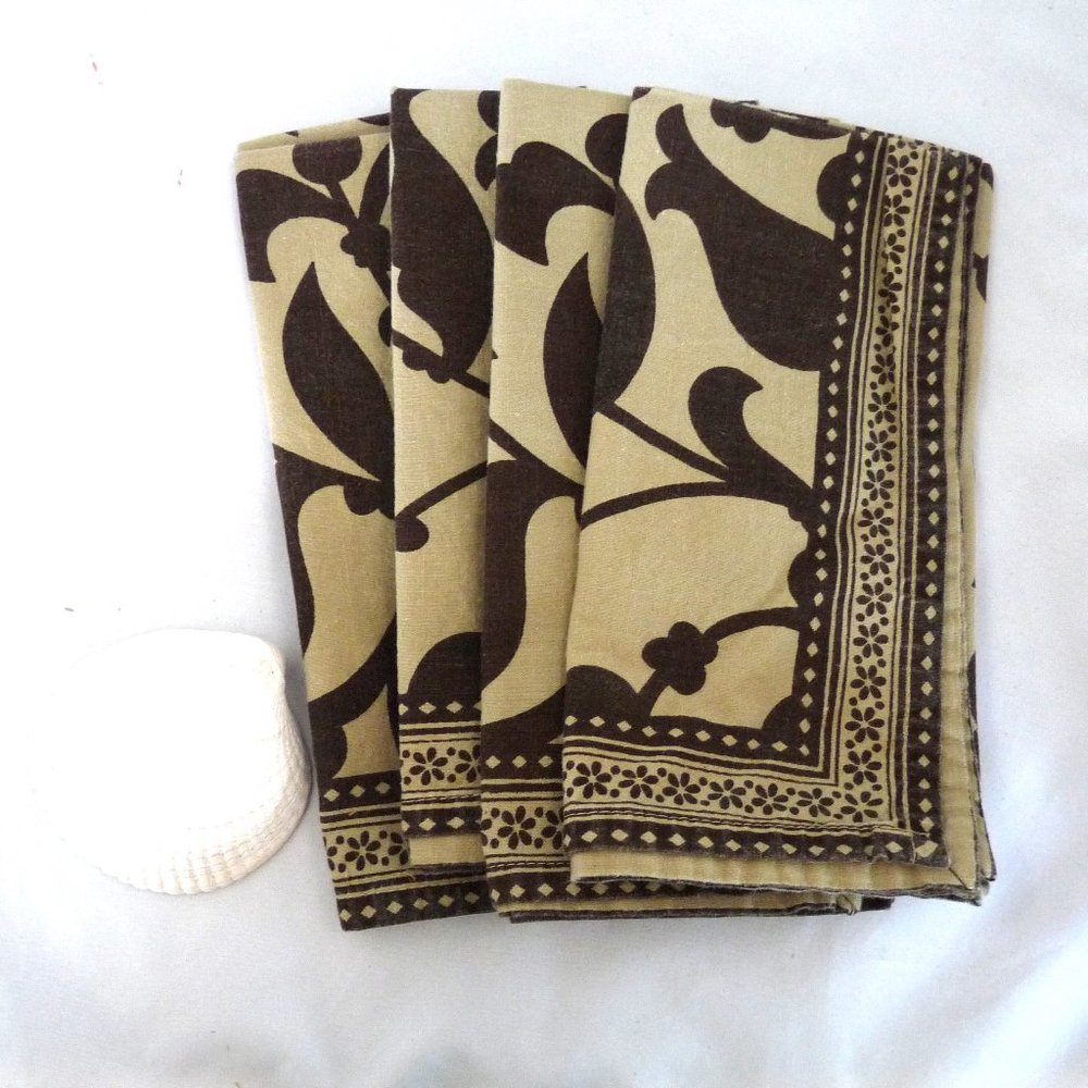 4 dinner napkins brown tan cotton block printed boho Southwest